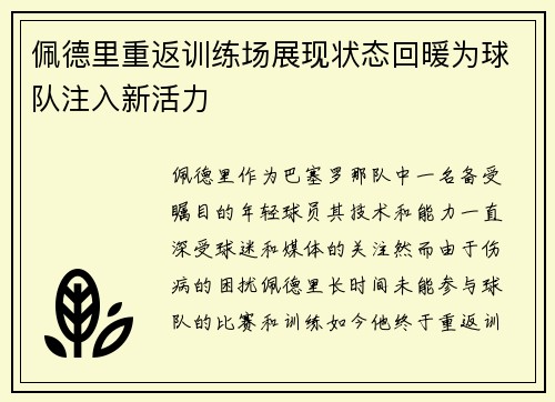 佩德里重返训练场展现状态回暖为球队注入新活力