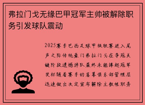 弗拉门戈无缘巴甲冠军主帅被解除职务引发球队震动